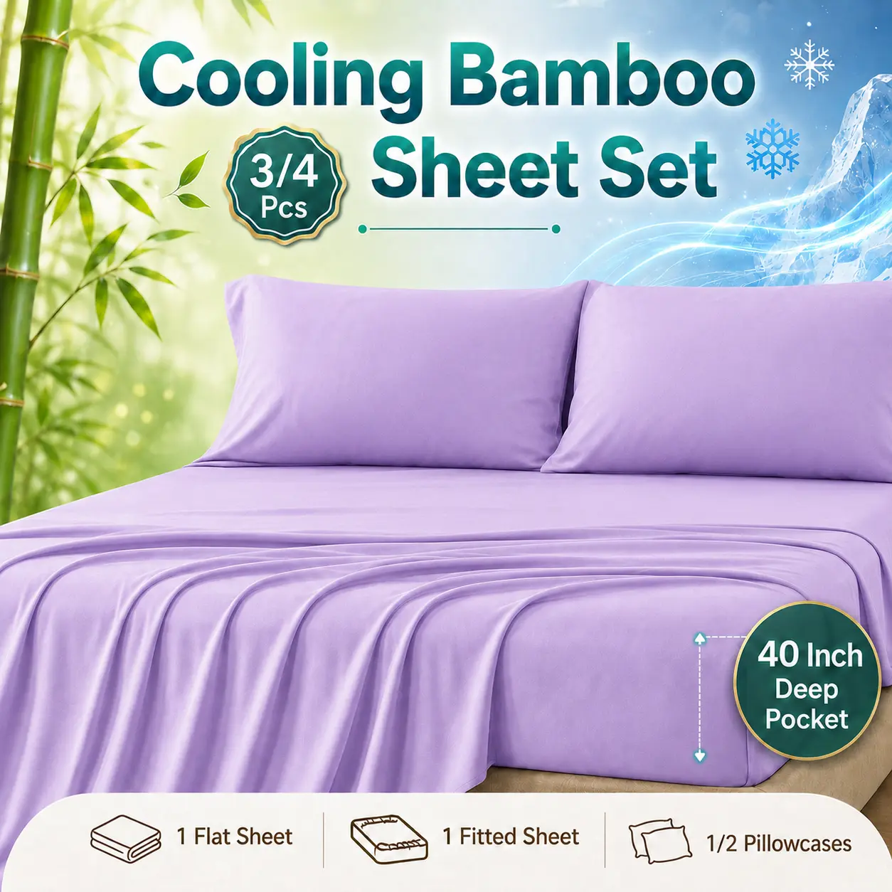 OS OMYSTYLE 3/4pcs Cooling Bamboo Bed Sheet Set Suitable for Hot Sleepers, Five-Star Hotel Quality Sheets with Deep Pocket Fitted Base, Breathable Bamboo Fabric for Full Coverage Bedspread, Machine Washable for - Gift for