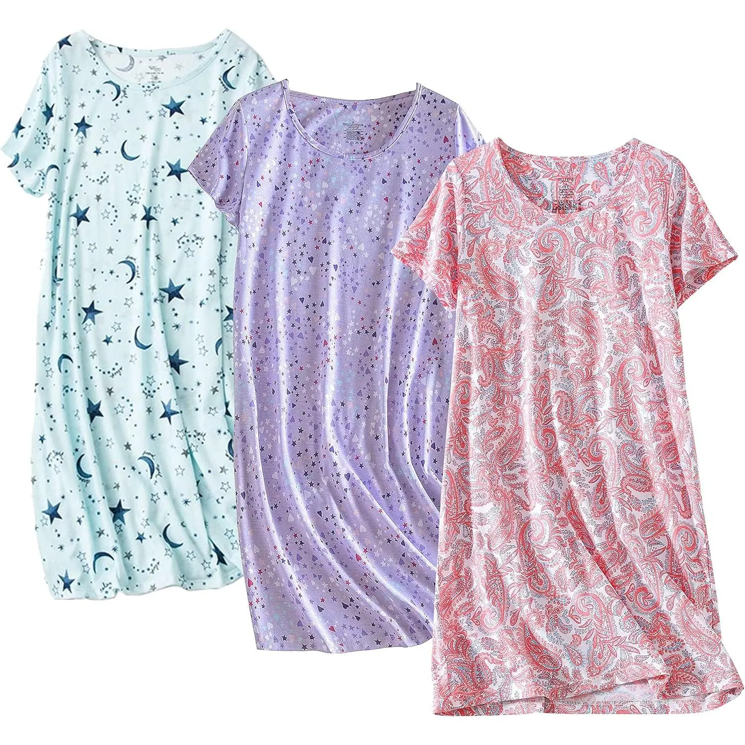 Women's 3-Pack Cotton Night Gowns, Shortsleeve Casual Print Sleepwear Shirts