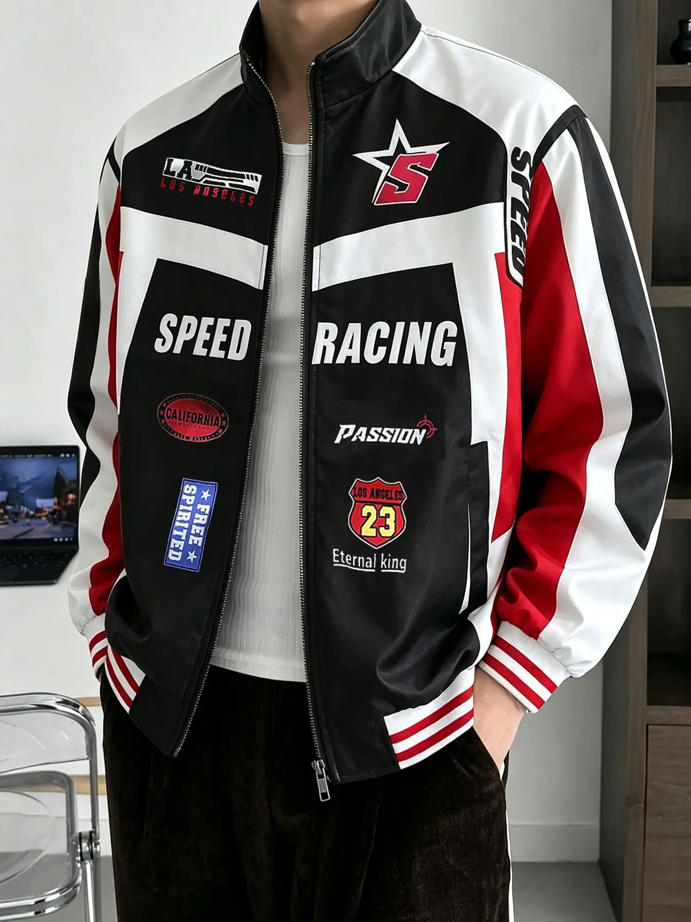 Men's Speed Racing Jacket, Multi-Emblem Letter Zipper Stand Collar, Vintage Motorcycle Street Style Coat, Fashionable Outerwear