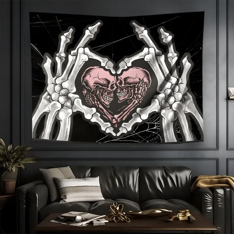 Extra Large Gothic Skull Polyester Tapestry - 91x71in, Lightweight, Stitched Edges, Easy to Hang, Digital Print with Hearts, Dark Romance Horror Aesthetic, Valentine's Day Gift, Wall Decoration, Home Supplies, Hanging, Valentines Day