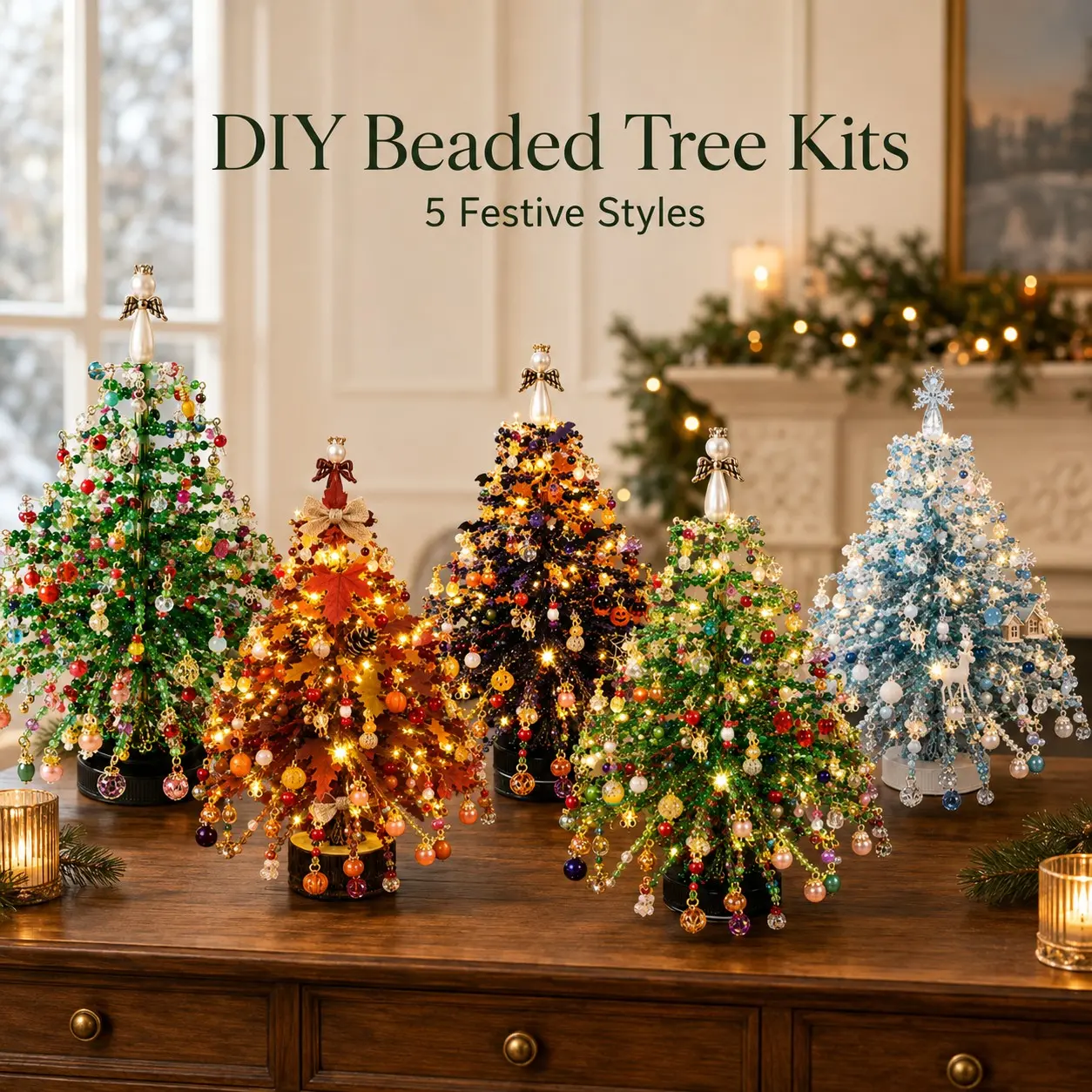 DIY Beaded Christmas Tree Kit, Handmade Craft Set with Lights, Holiday Decor for Kids & Adults, Halloween Fall Desktop Home Decoration