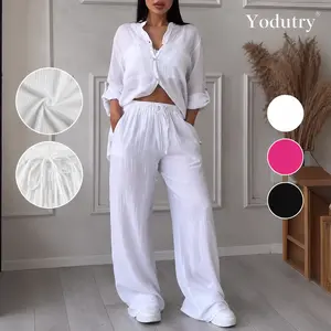 Yodutry Women'S Soft Cotton Matching Set, Relaxed Fit Shirt & Wide Leg Pants For Effortless Everyday Style