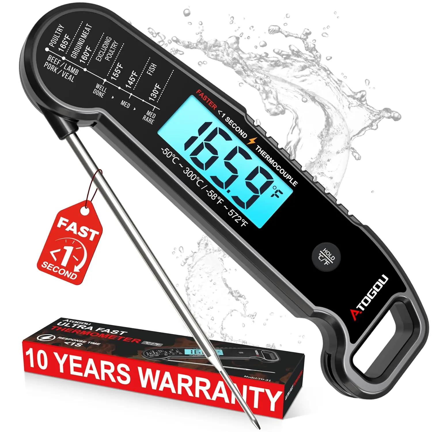 Atogou Professional Meat Thermometer Digital for Cooking Food, <1 Sec Instant Read & ±0.5℉ Accuracy, IP67 Waterproof, Thermocouple Sensor Probe, Fathers Day Gift, for Kithchen, BBQ, Grill, Black