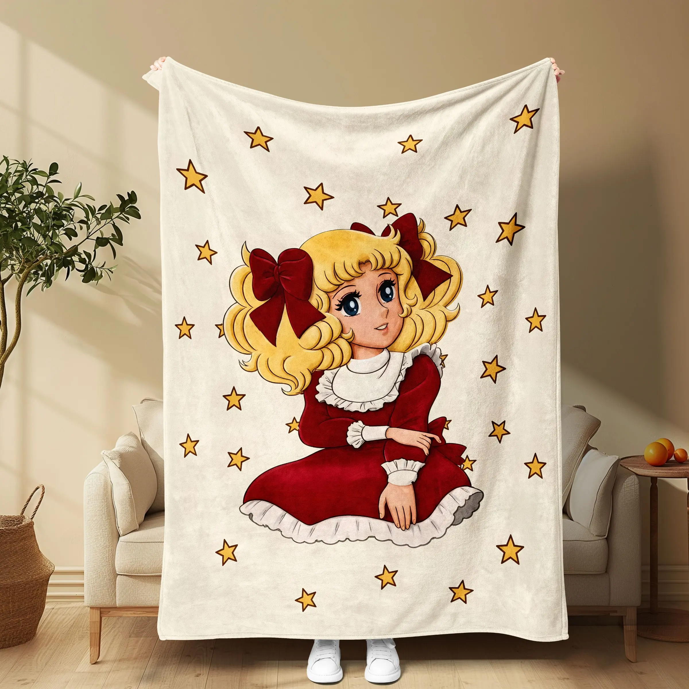 Vintage Anime Limited Edition Flannel Blanket Throw, Soft High-Density Flannel, Perfect for Sofa Bed Office Nap, Retro Girl Lovers Gift