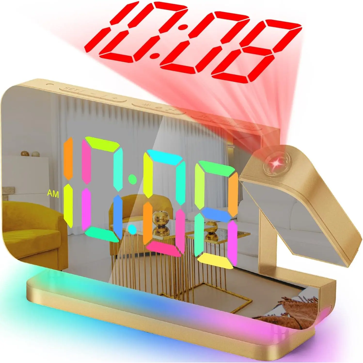 Projection  Clock,7.4 in LED Mirror Digital Clocks Projection  Ceiling Wall,with RGB Night Light,USB C  Port,Auto Dimming,Modern Desk Clock for Bedroom Decor - Rose