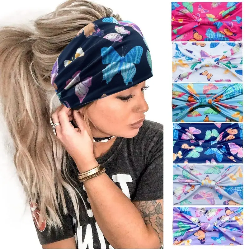 6Pcs/Set Bohemian Women's Elegant Butterfly Print Sports Headband, Elastic Wide Edge Headband with Knotted Sweat Absorbing Headband, Suitable for Yoga and Fitness Sports Headband