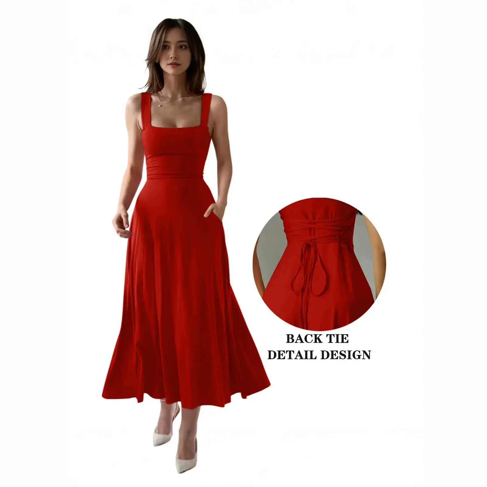 Summer dress with thick shoulder straps, niche design, slim fit, waist-cinching, elegant, long dress, holiday style Casual Womenswear