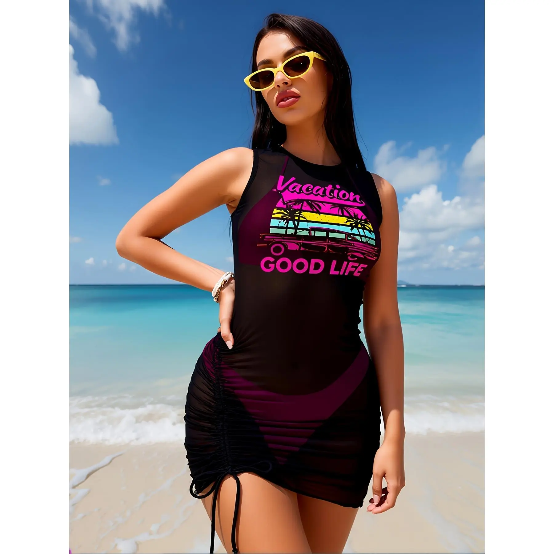 3pcs Women's Swimsuit Set with Semi-Transparent Cover-Up Dress, Pink Halter Neck Bikini Set and Black Mesh Sleeveless Cover-Up Dress with Holiday Life Theme Pattern, Fashionable Swimsuit and Cover-Up Set, Suitable for Beach Vacation