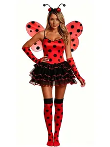 Red Halloween Ladybug Fairy Cosplay Costume Dress Set With Wings And Headband For Halloween Masquerade Role Playing Party Dress Up