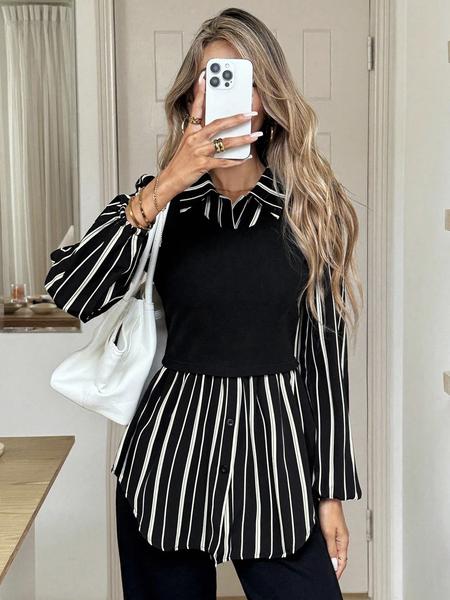 Women's Casual Slim Fit Striped Patchwork Long Sleeve Shirt, Cute Fall Winter Outwear, Ladies Fashion Top for Daily Wear