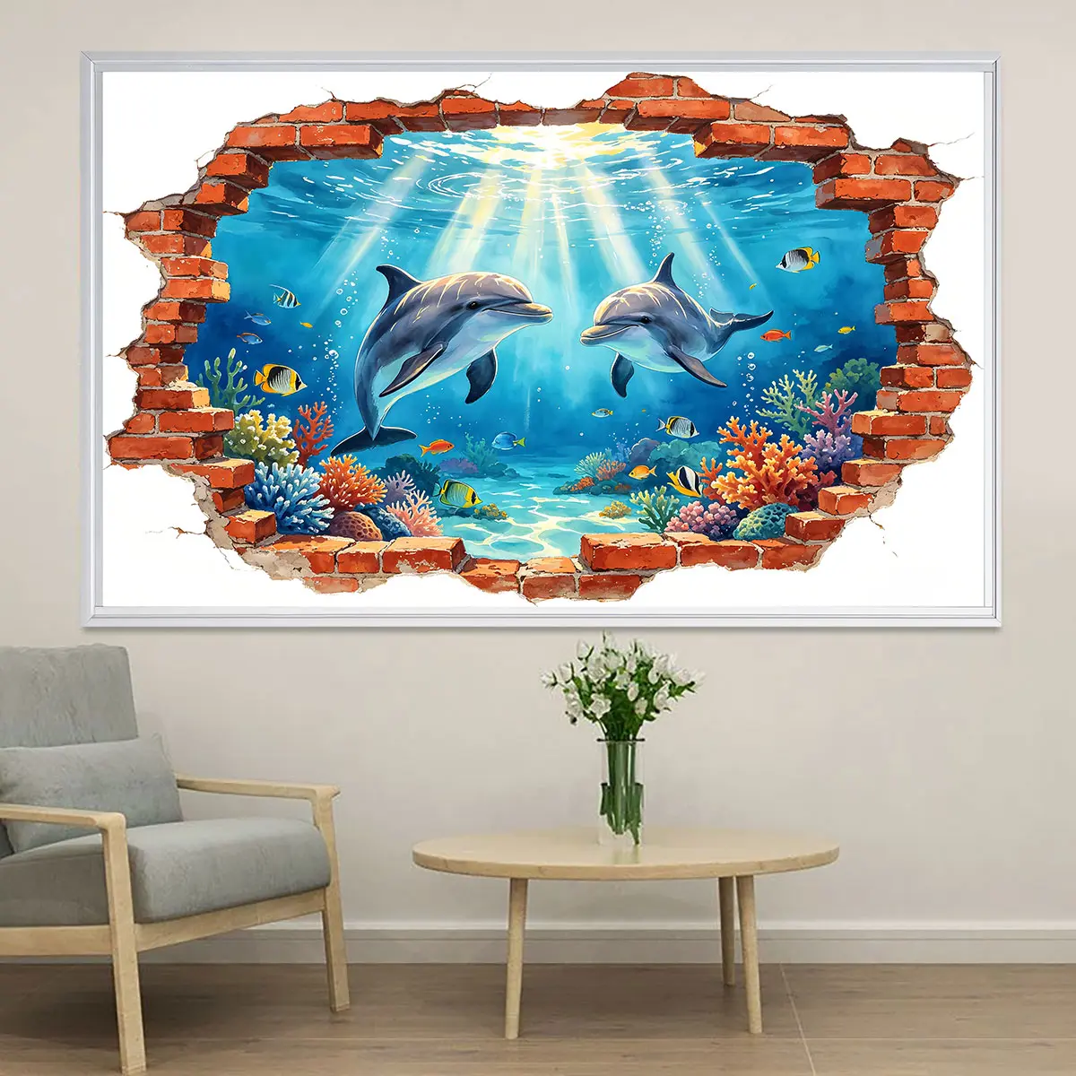 1pc wall sticker with dolphin and underwater print design, made of PVC with adhesive backing. Easy to peel and stick, suitable for renovating old walls. Makes a great gift.