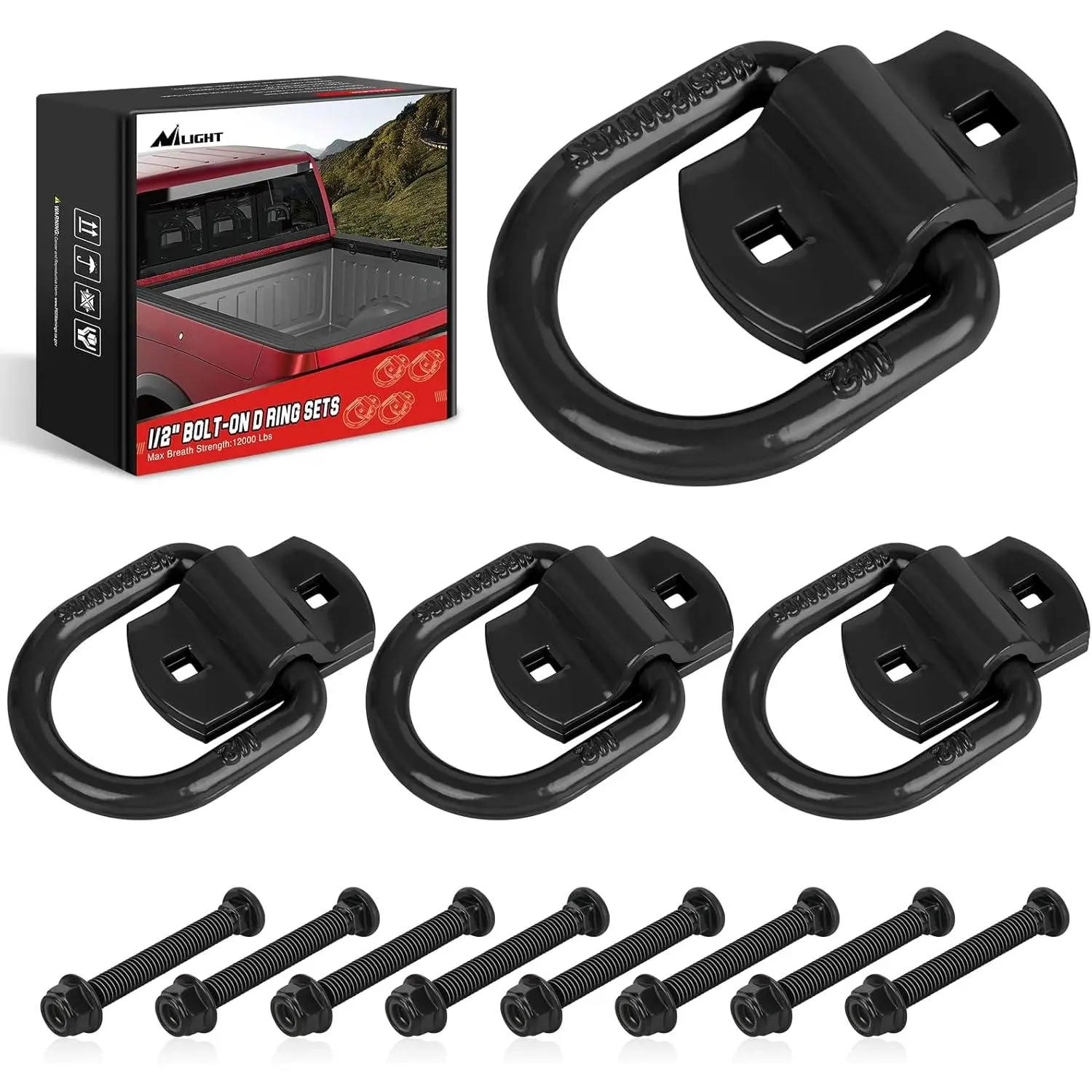 Nilight 4 PCS Bolt-On D-Ring Tie Down Anchors, 1/2" Heavy Duty 12000 Lbs Break Strength Hooks, Includes Screws for Trailer Truck Bed Cargo