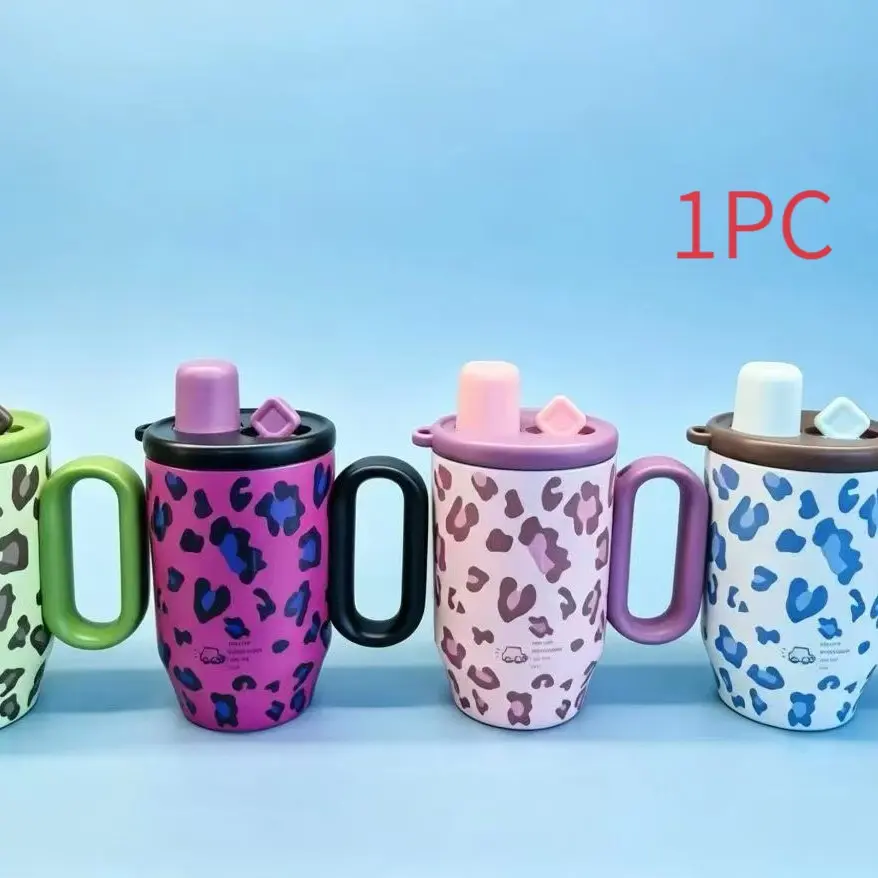 New High-Profile Leopard Print 316 Stainless Steel Insulated Cup Tumbler, Large Capacity Straw Cup with Handle, Car-Compatible Ice Bucket Cup, Insulated Vacuum Tumbler