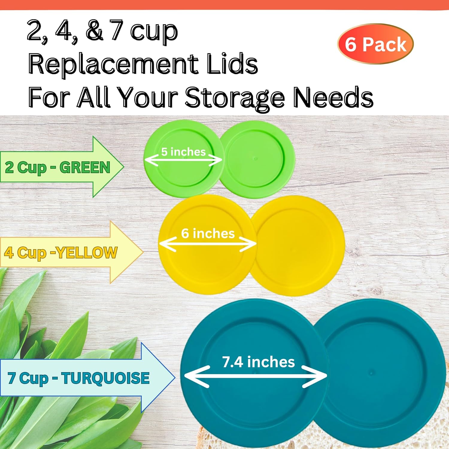 2, 4 & 7 Cup Replacement Lids/Covers for Pyrex, Anchor Hocking &  Storage Bowls *Lids Only - Glass Container Not Included* (6 Pack *Two of Each Size*, Spring Green, Yellow, Turq)