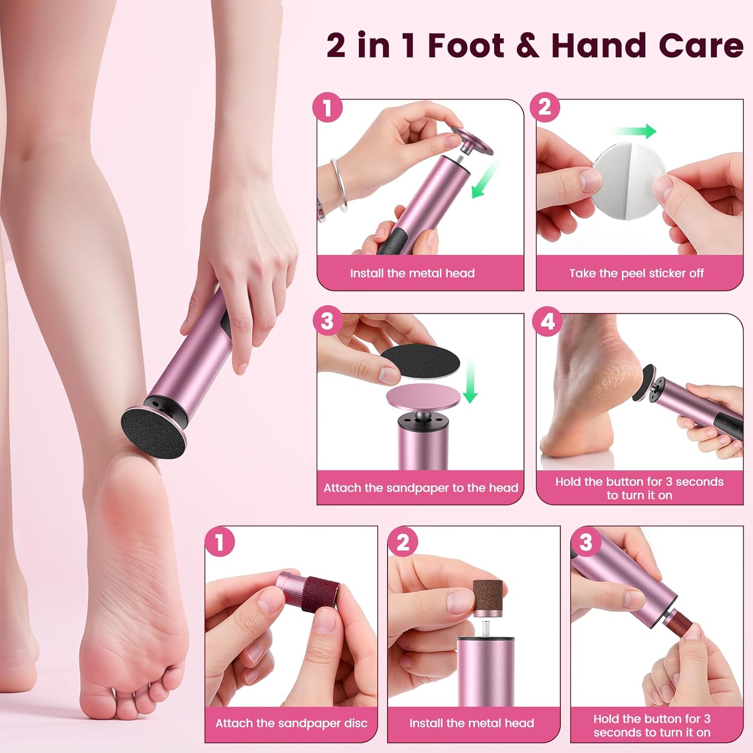 Electric Foot Callus Remover, 2-in-1 Nail Polisher Foot Heel Scrubber Dead Skin Pedicure Tools , Adjustable Speed 6 Gears, with Sandpaper for Cracked Heels Care