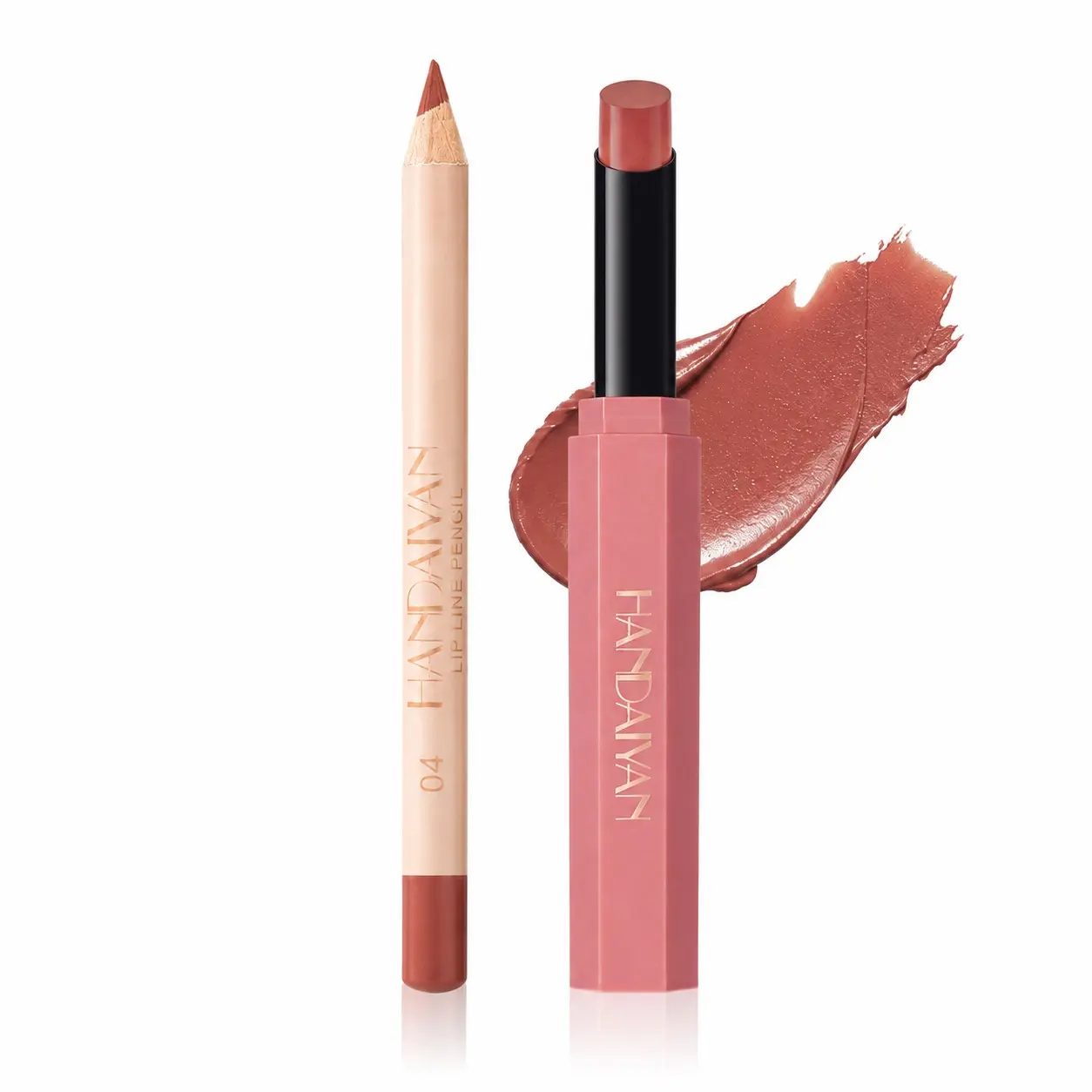 Handaiyan Lip Liner Lip Pencil and Lipstick Set, 2-Piece Creamy Nude Rose Color, Smooth Long-Lasting Formula, Perfect for Daily Use