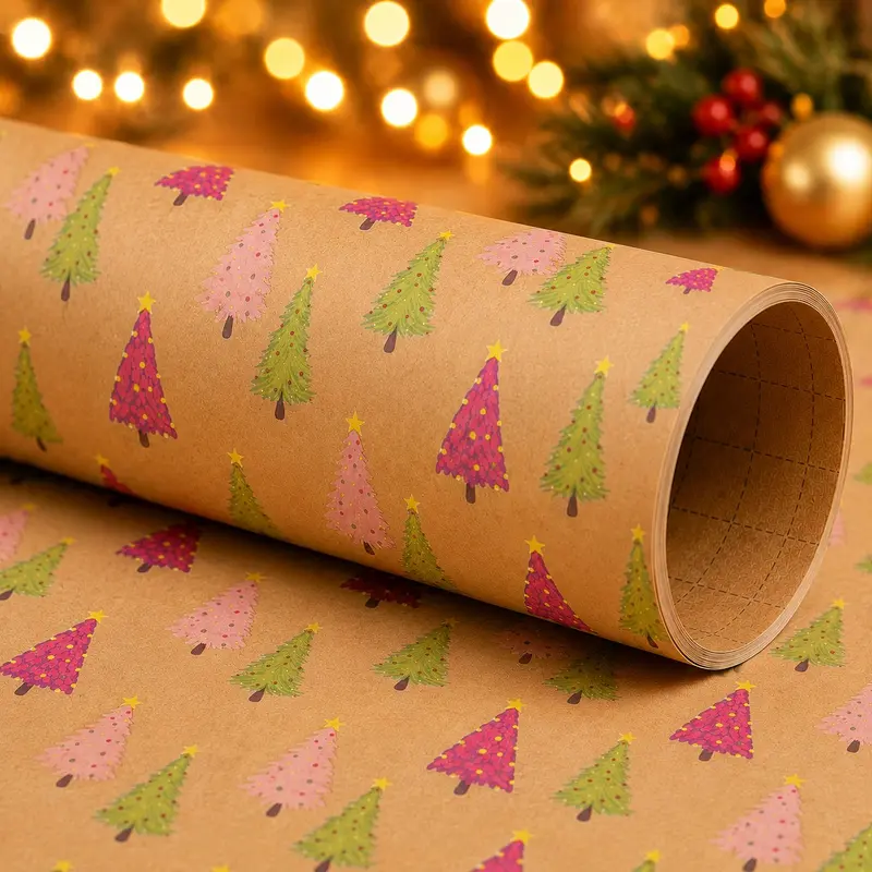 17in*9.8FT Christmas Gift Wrapping Paper, Trees, Hand-drawn Graffiti Style, Brown Wrapping Paper, Suitable for Christmas Gift Wrapping, Winter Gift Packaging, Handmade Gift Wrapping, Christmas Gifts, Party Decorations DIY Crafts, Gift for her/him