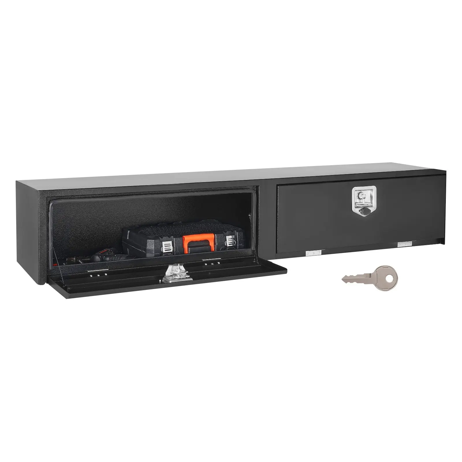 VEVOR Heavy-Duty Large-Capacity Metal Topsider Tool Box, 72x13x16 in Black, Dual Drop Doors, Latch Handle, J-Hooks, Lockable Corrosion-Resistant Organizer, 99.21 lbs, Portable Easy Detachment, Truck Bed Mounts, for Road Trip Truck Users