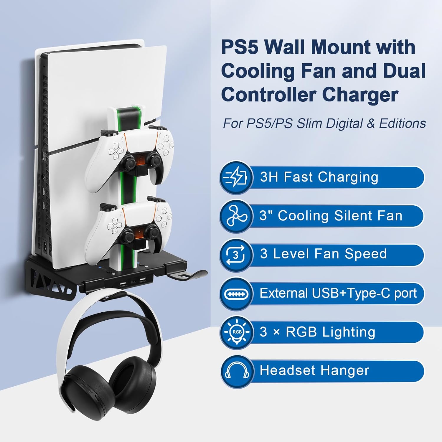 SUNDAY MIRTH Wall Mount Kit for PS5/PS5 Slim with  Station and Cooling Fans, PS5 Shelf Wall Mount Accessories, Steel Wall Stand with Dual Controller Charger, Headset Hanger for All PS5 Versions