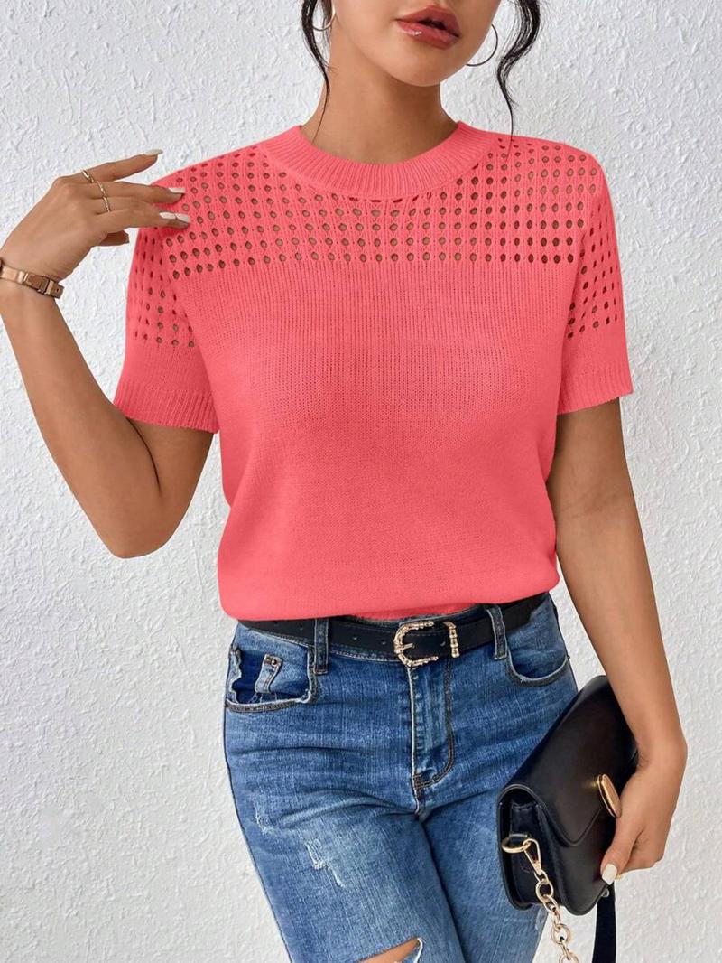 Women's Plain Hollow Out Crew Neck Sweater, Casual Short Sleeve Jumper for Summer, Fashion Women's Knitwear for Daily Wear