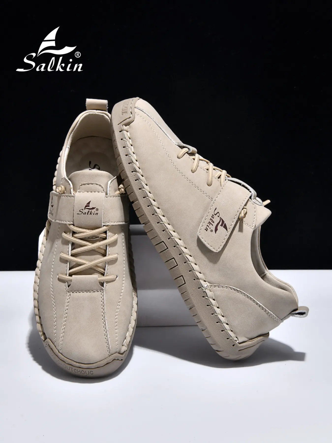 Salkin Men's Fashion Casual Shoes, Velcro Athletic Sport Sneakers, Trainer Sneakers, PU Leather, Round Toe, Low Top, All Seasons, Medium Width, Solid Pattern