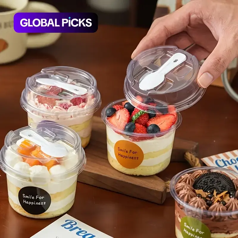 20/50 Sets Round Transparent Plastic Lidded Packaging Boxes with Spoons, Ideal for Cookies, Fruit Ice Cream, Mousse Cake and Yogurt Cups