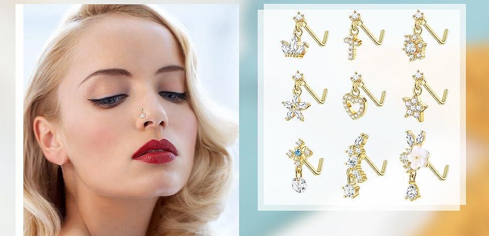 Trendy Summer 9 PCS Dangle Nose Rings - L Shaped for Women, 20G Stainless Steel Nose Rings Studs with CZ Cross, Crown, Flower, Heart Dangling Piercing Jewelry