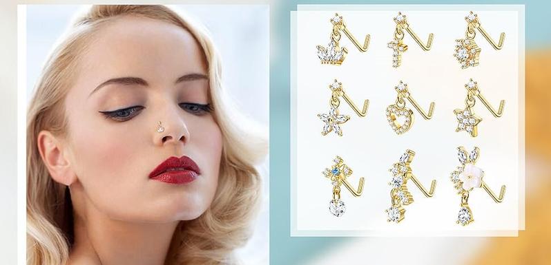 Trendy Summer 9 PCS Dangle Nose Rings - L Shaped for Women, 20G Stainless Steel Nose Rings Studs with CZ Cross, Crown, Flower, Heart Dangling Piercing Jewelry