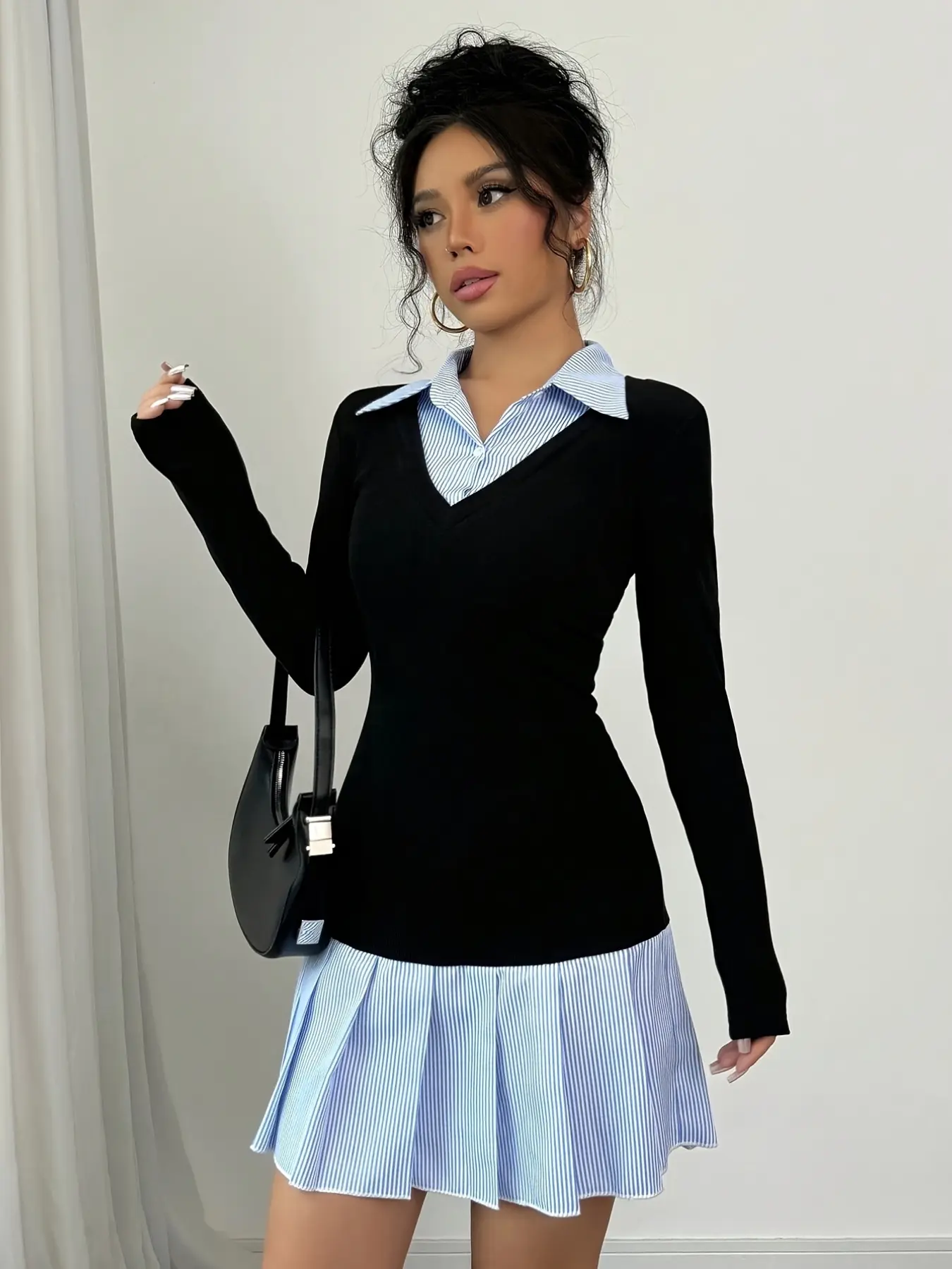 Women's Preppy Style Two-Piece Dress, Casual V-Neck Long Sleeve Knit Layered Striped Pleated Mini Dress, Chic, Fashionable and Comfortable