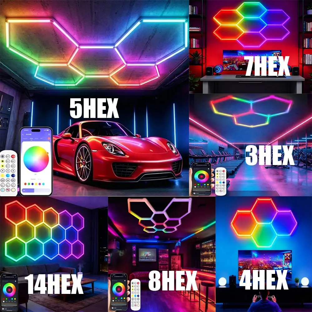 3-14 Grids RGB Hexagon Honeycomb LED Garage Lights Color Changing Ceiling Lighting for Car Detailing Shop Auto Repair Workshop Home Garage Bar Game Room Wall Decor