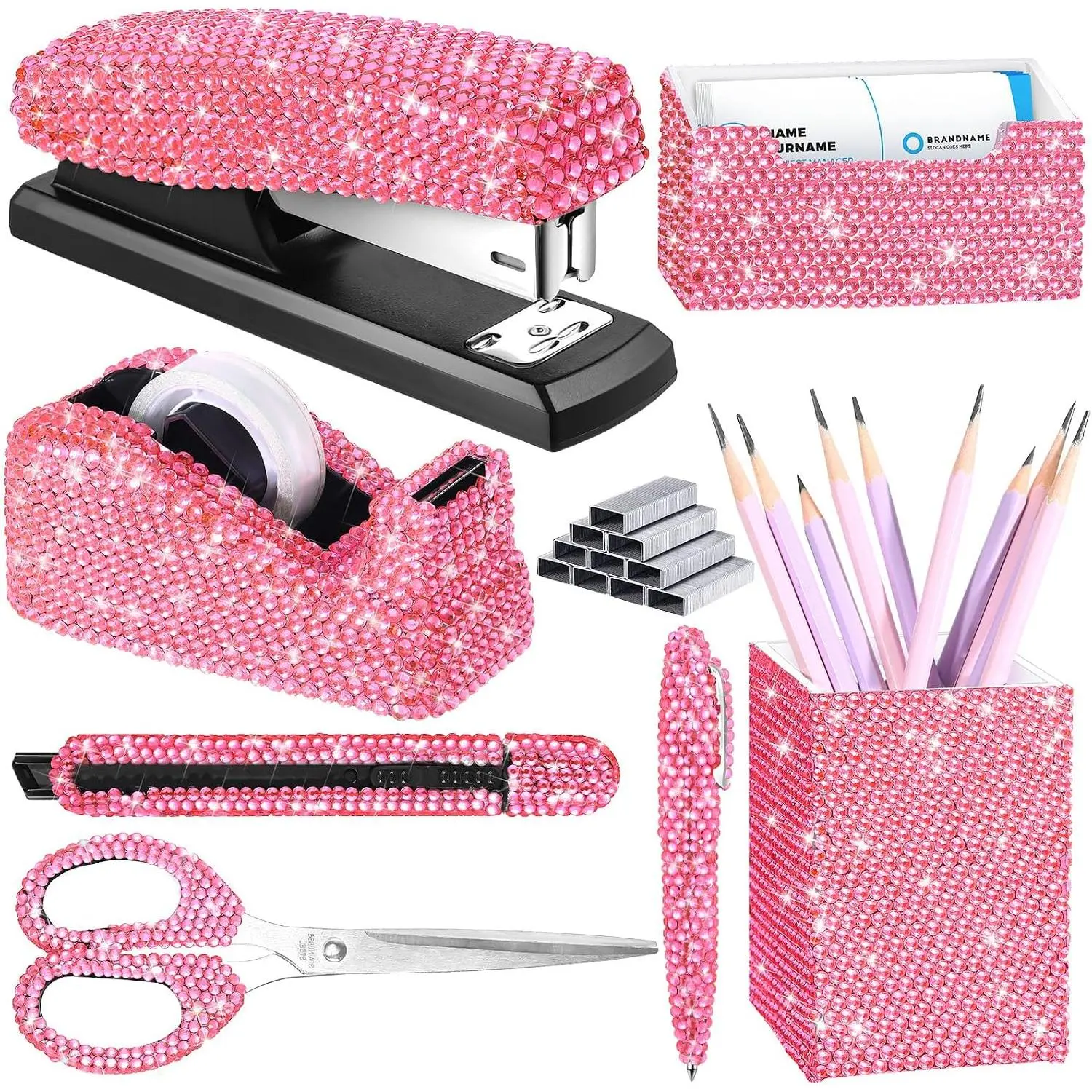 7 count Bling Desk Accessories Set Glitter  Office Stationery Kit for Women  Tape Dispenser Rhinestone Stapler Cardholder Pencil Pot Holder Scissor Ballpoint