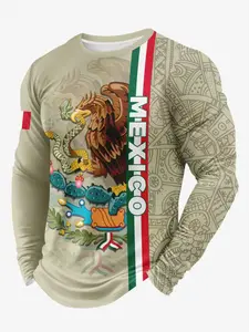 Men's Round Neck Long Sleeve T-Shirt, American Digital Camo, Mexican Eagle Print, Quick-Dry, Breathable, Casual Outdoor Wear