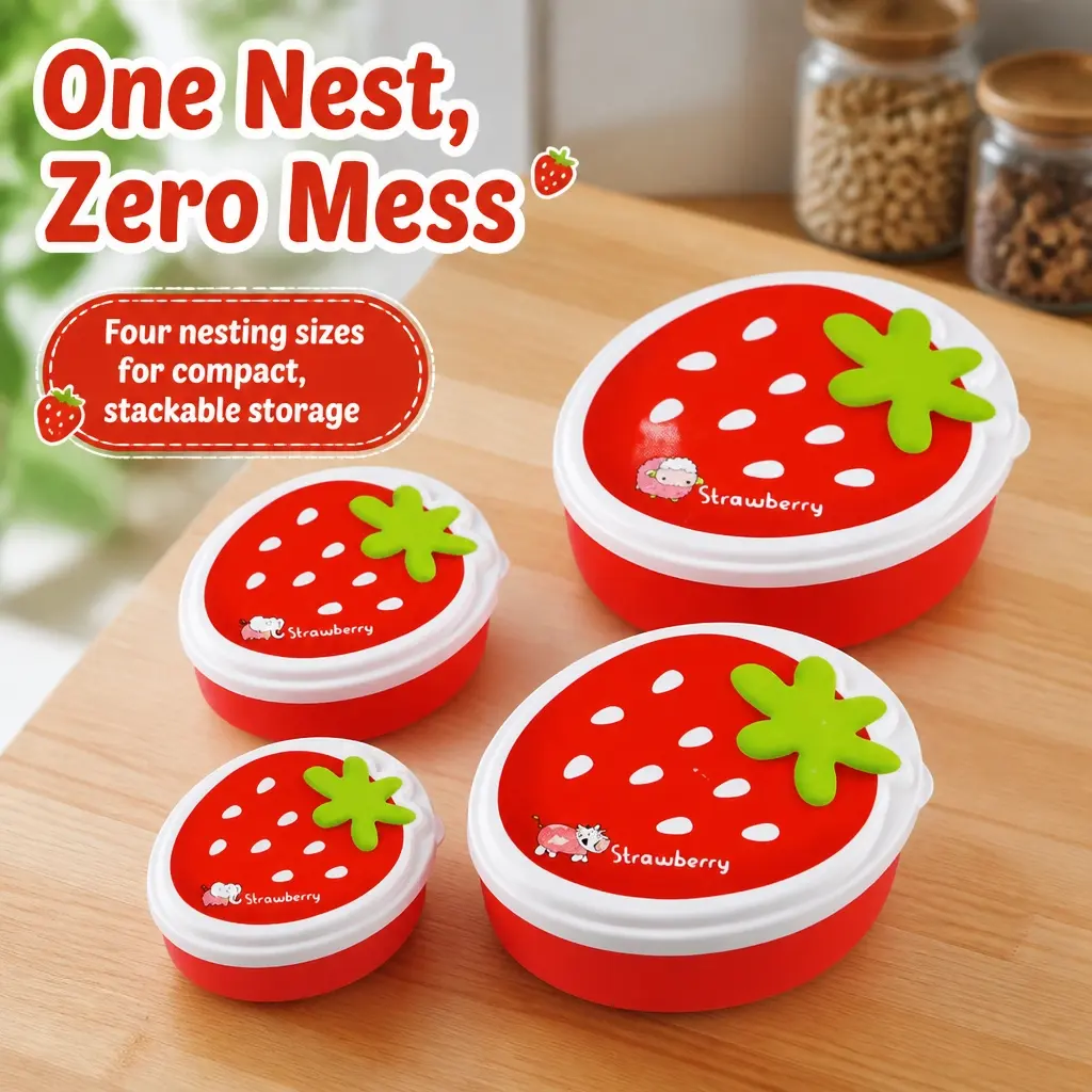 4-Piece Strawberry Food Container Set, Mini Cartoon Lunch Box for Portion Control, Leak-Proof Storage, and Stackable Meals. Reusable Containers Ideal for Fridge Storage, Packed Lunches, and Fresh Fruit.