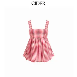 Cider Cotton-blend Gingham Square Neck Bowknot A-line Cami Top SummerWins Dealsforyou