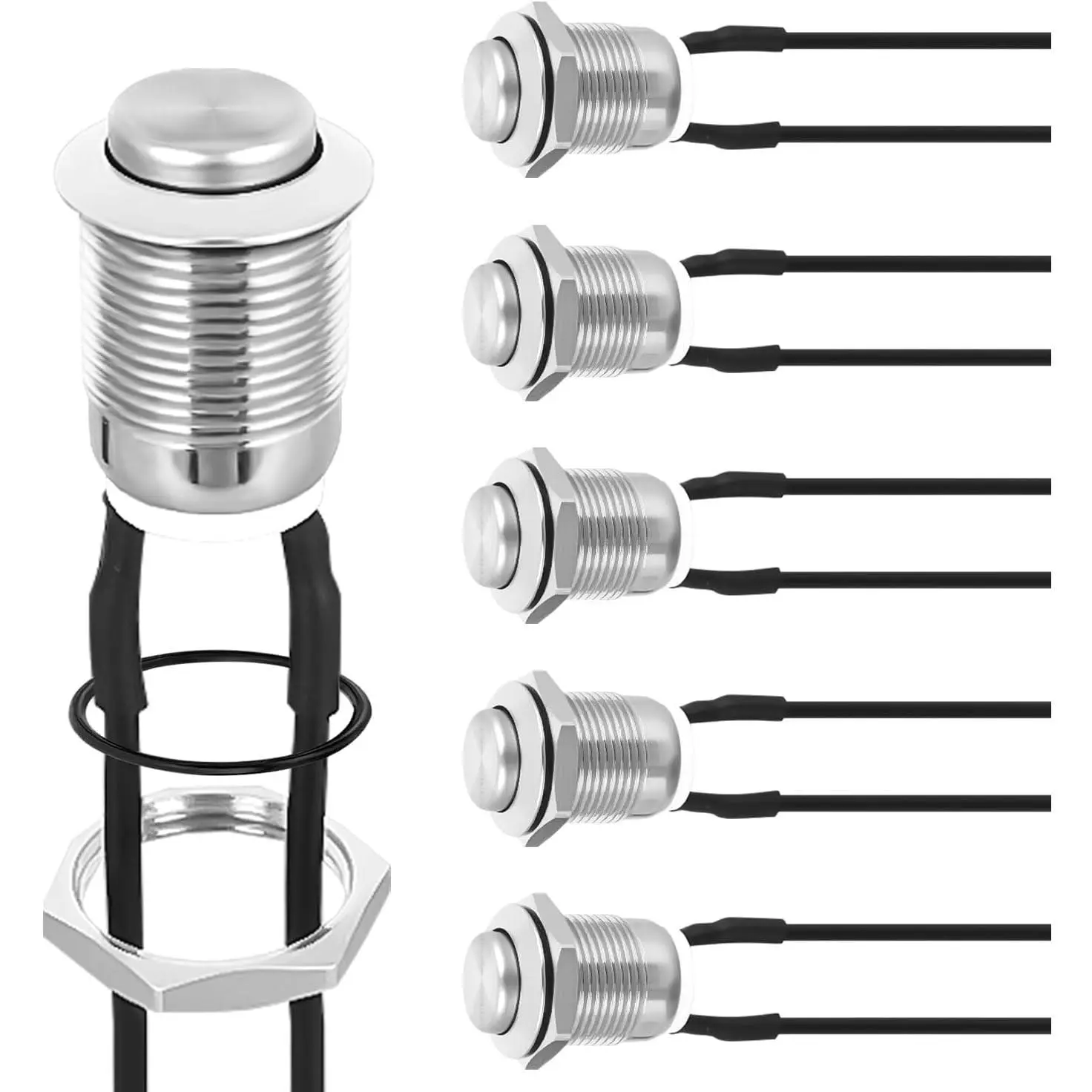 Nilight 12mm High Quality Metal Momentary Push Button Switch (6PCS) with Pre-Wired Harness, 12V Waterproof Durable & Antirust Stainless Steel 2-Pin Small Round Power Switch for Car, Off-Road Vehicles