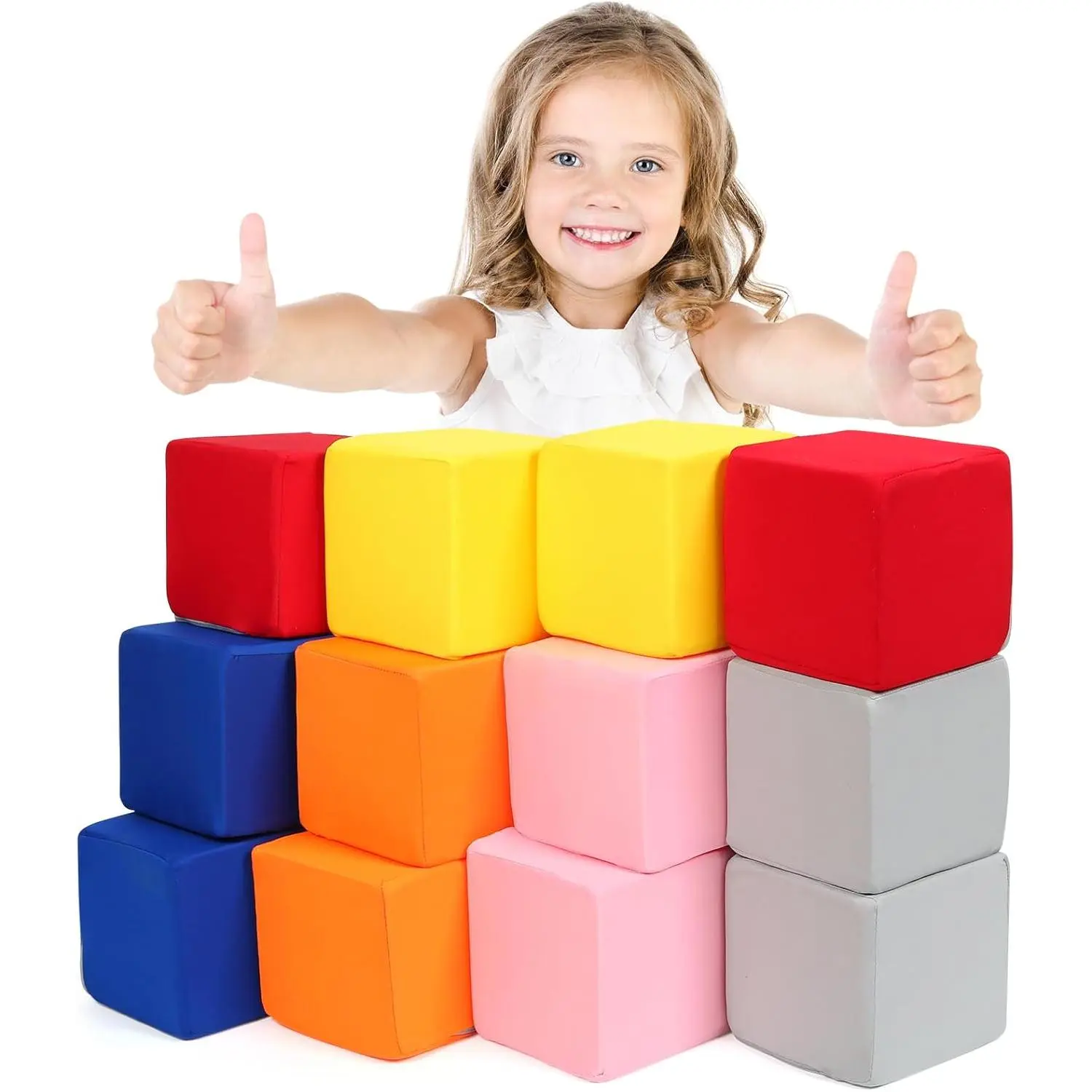 Foam Blocks for Toddlers, 12 Pieces Soft Building Blocks for Kids, Large Foam Cubes Colourful Stacking Block Sets - Throw & Play Toys with Washable Cover(Pink, Dark Blue, Yellow, Orange, Red, Gray)