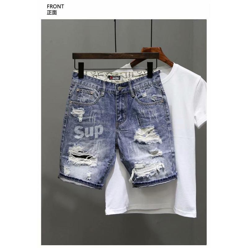 Men's Ripped Denim Shorts for Summer  Personality versatile cropped pants in cotton fabric, casual street style ee blue Korean Loose Original Streetwear Design