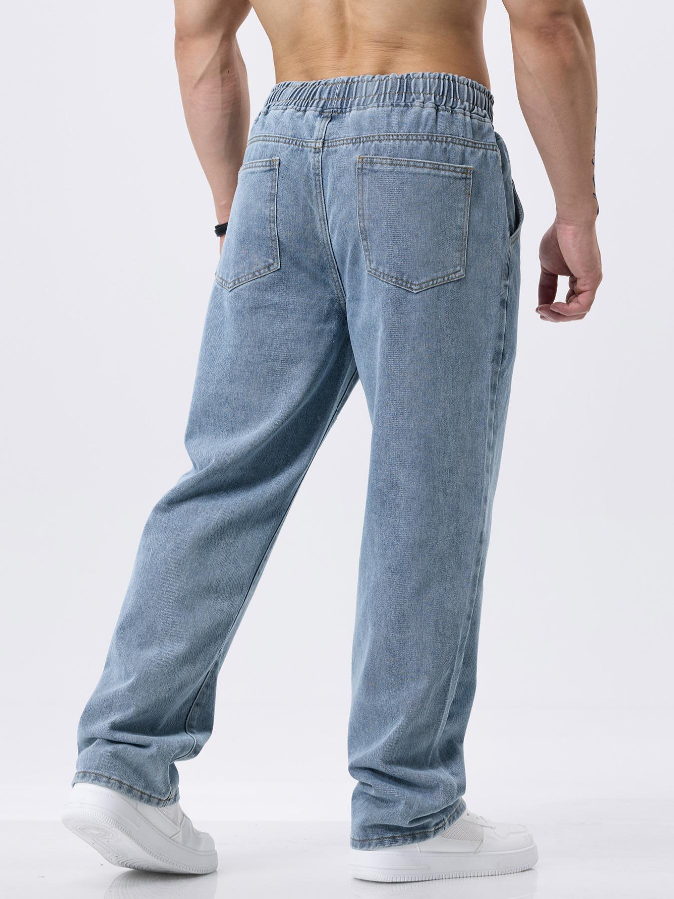 Men's Drawstring Elastic Waist Jeans, Washed Vintage Straight Leg Plain Denim Jeans, Comfortable Fitted Style, Casual Daily Wear Men's Drawstring Elastic Waist Jeans, Washed Vintage Straight Leg Plain Denim Jeans, Comfortable Fitted Style, Casual Daily Wear