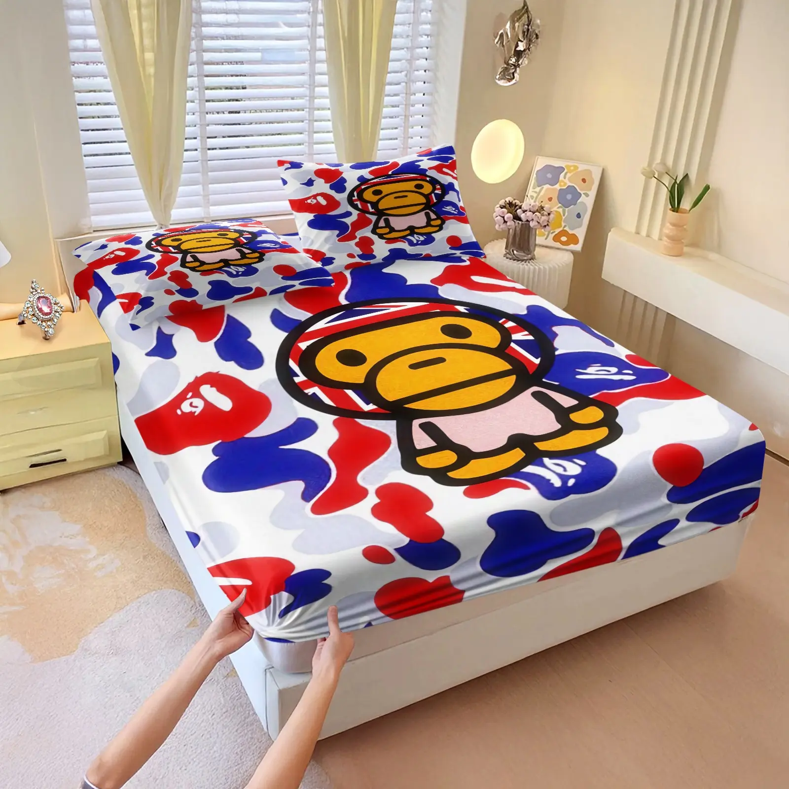 3-Piece Camouflage Print Fitted Sheet Set – Classic Cartoon Monkey Pattern Polyester Microfiber Bedding – Trendy Microfiber Sheets – Bedsheets Set – Suitable For All Seasons (Bedroom & Dorm Decor) – Includes 2 Pillowcases (Inserts Not Included)