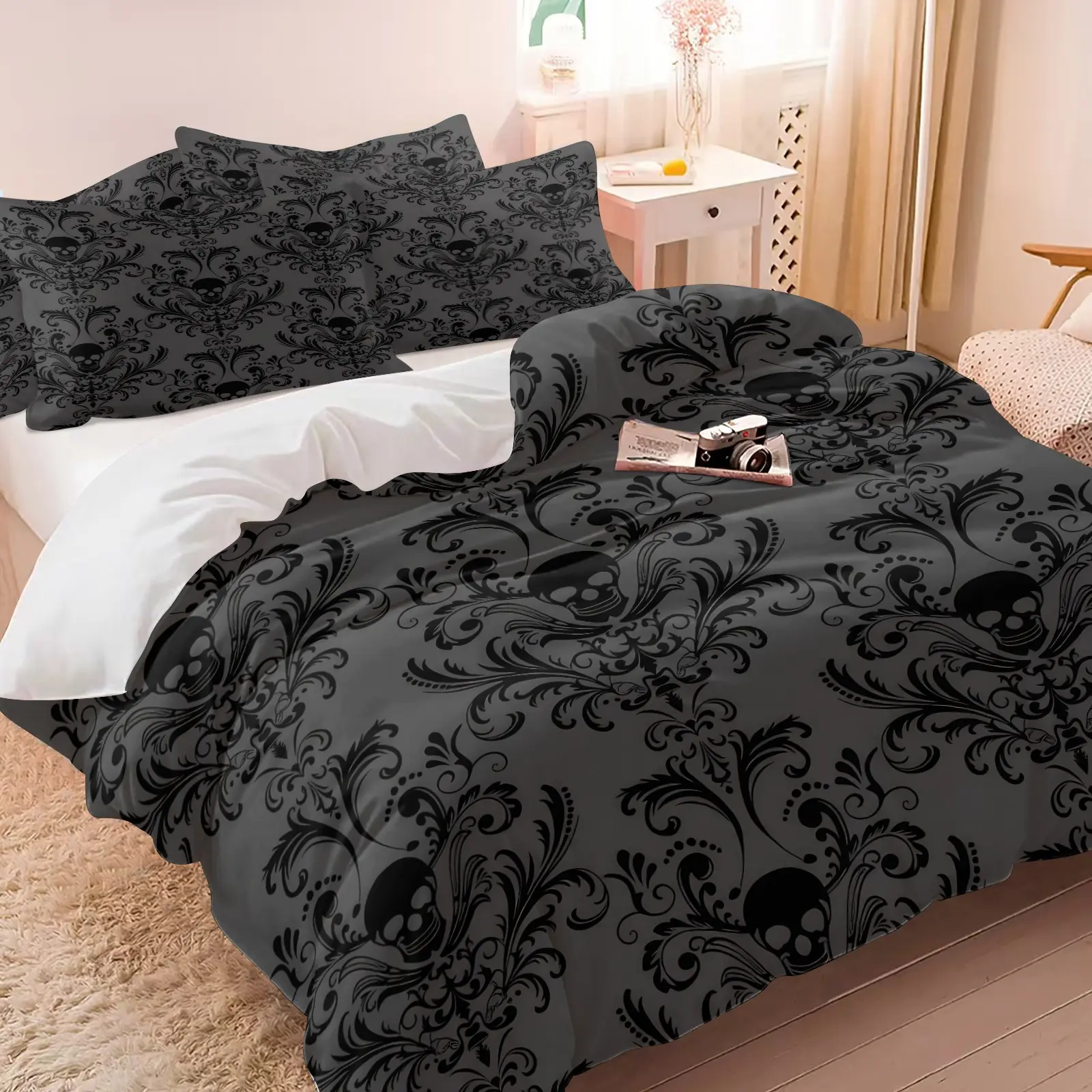 Skull Pattern Duvet Cover Set & 1-2 Coreless Pillowcases, Black Baroque Damask Scroll Floral Design, Retro Gothic Dark Academia Bedding Set, Soft Comfortable, Breathable & Skin-Friendly, Matches Dark Punk, Gothic And Elegant Victorian Style Bedroom Decor