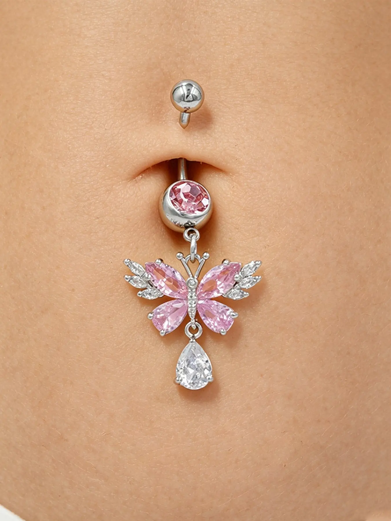 1pc Dangle Belly Button Ring Cubic Zirconia Pink Butterfly Decor Navel Belly Ring Stainless Steel Belly Piercing Jewelry Chic Body Jewelry For Women