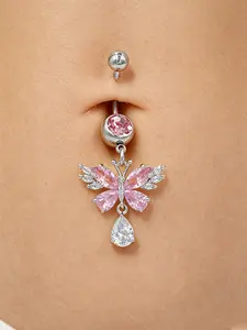 1pc Dangle Belly Button Ring Cubic Zirconia Pink Butterfly Decor Navel Belly Ring Stainless Steel Belly Piercing Jewelry For Women