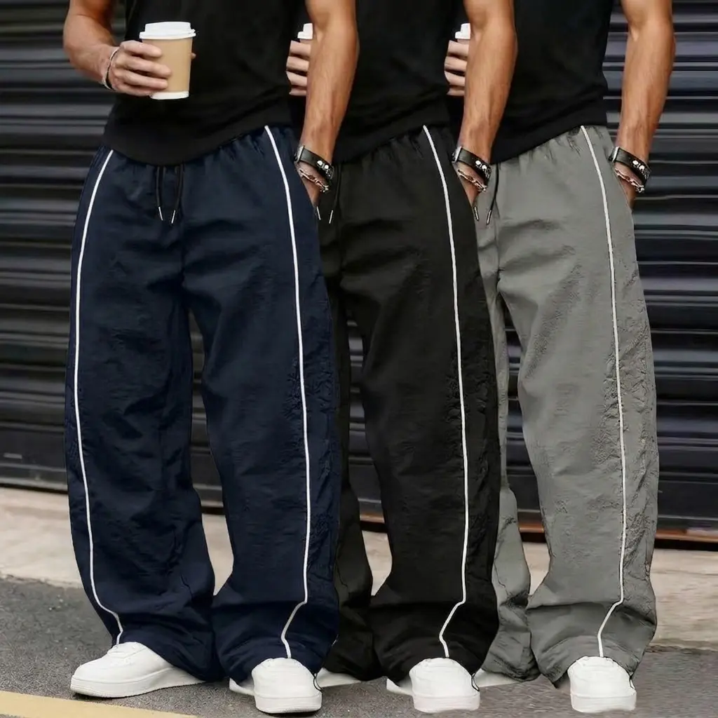 Men's Casual Pants, Loose Wide-Leg Polyester Joggers with Side Stripes, Quick-Dry Fabric, Drawstring Waist & Adjustable Cuffs for Fitness, Menswear, Straight, American, Male Clothing, Wrinkle, Casual Sport Trousers, Oversized