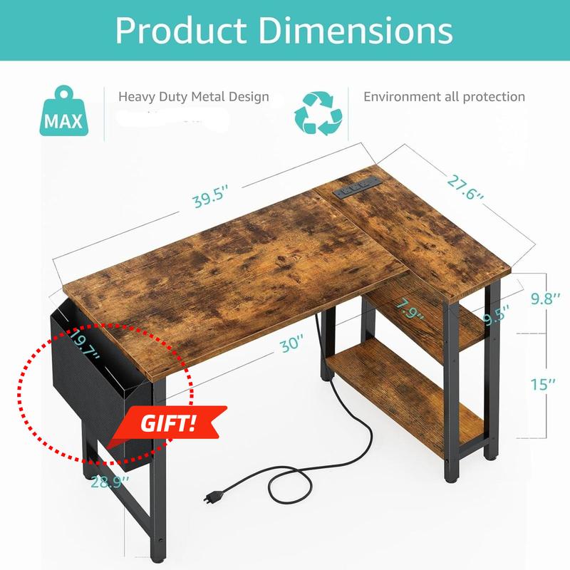 Lufeiya Small L Shaped Desk with Power Outlet Shelves, 40 Inch Reversible Corner Desk for Small Space Home Office, L-Shaped Computer Desk PC Desks with Charging Station, Rustic Brown, Get Free Gift Lufeiya Small L Shaped Desk with Power Outlet Shelves, 40 Inch Reversible Corner Desk for Small Space Home Office, L-Shaped Computer Desk PC Desks with Charging Station, Rustic Brown, Get Free Gift