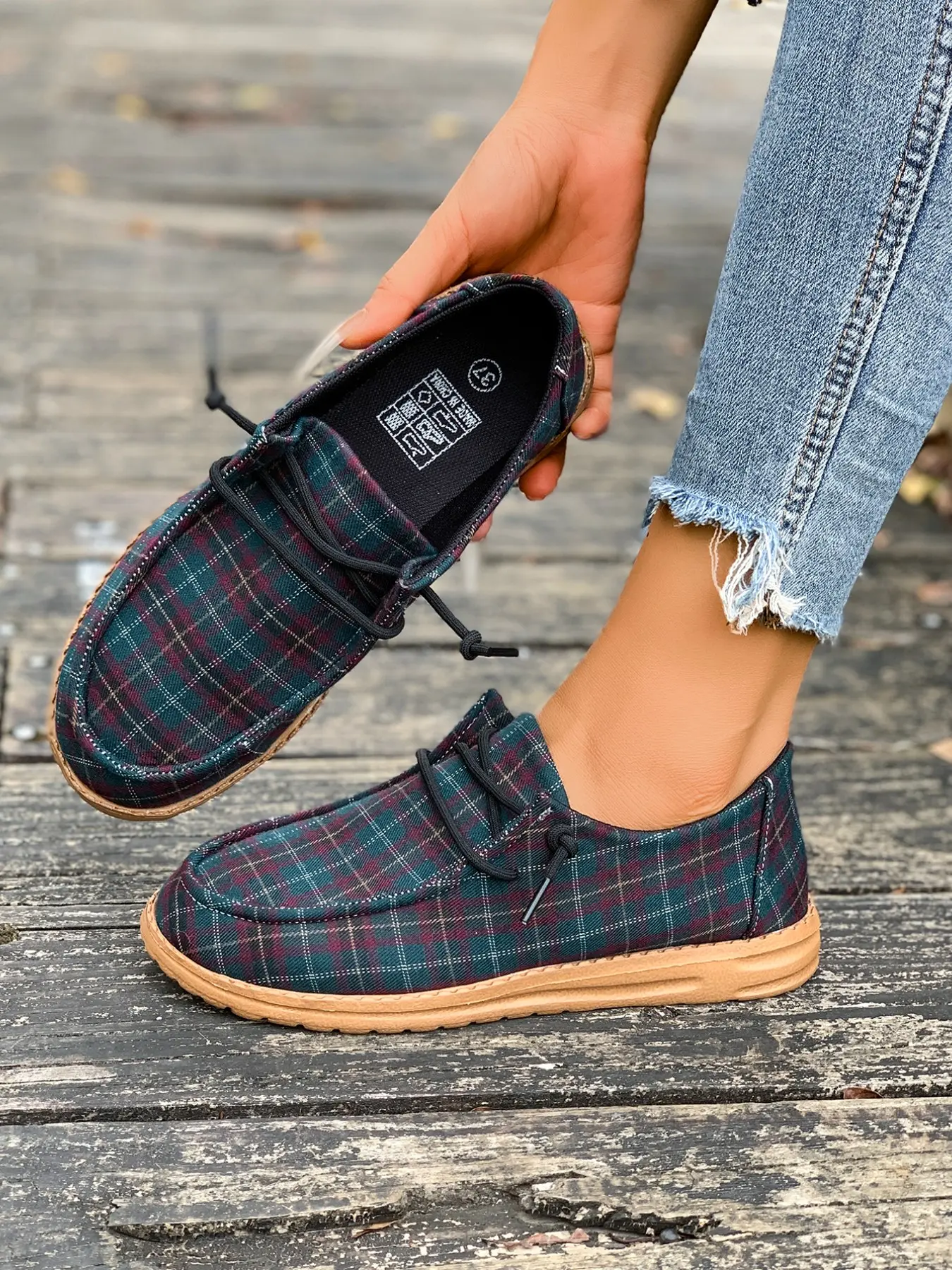 Women's 2026 New Arrival Shoes, Fashion Casual Plaid Print Slip-On Mules, Large Sizes, Comfortable, Lace-Up Design, Ideal for School & Vacation