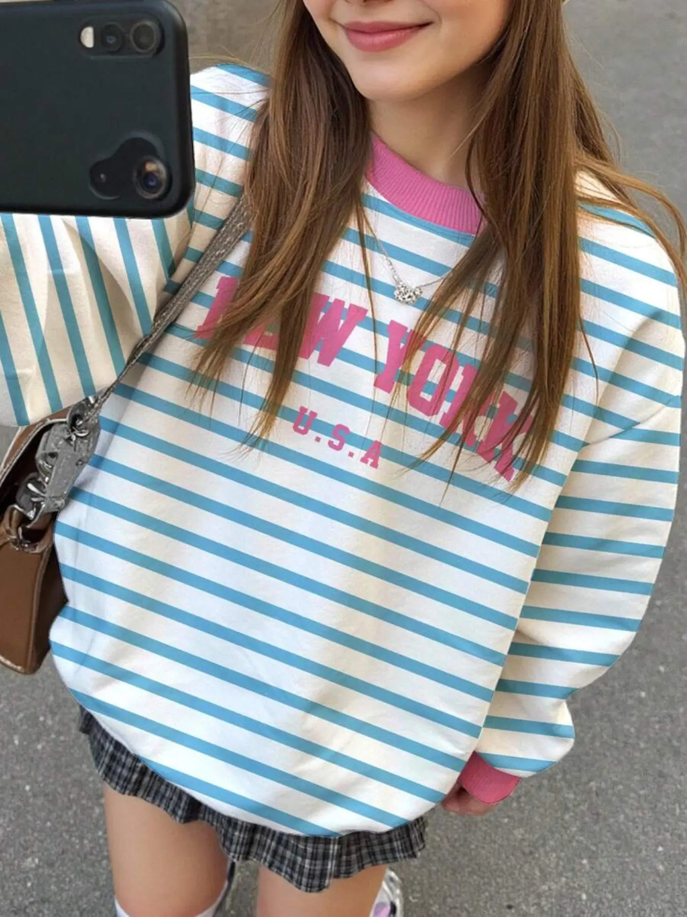 Girls' Striped Long Sleeve Sweatshirt, Fall & Winter Street Style, Campus Fashion, New York Letter Round Neck Pullover, Casual Loose Fit