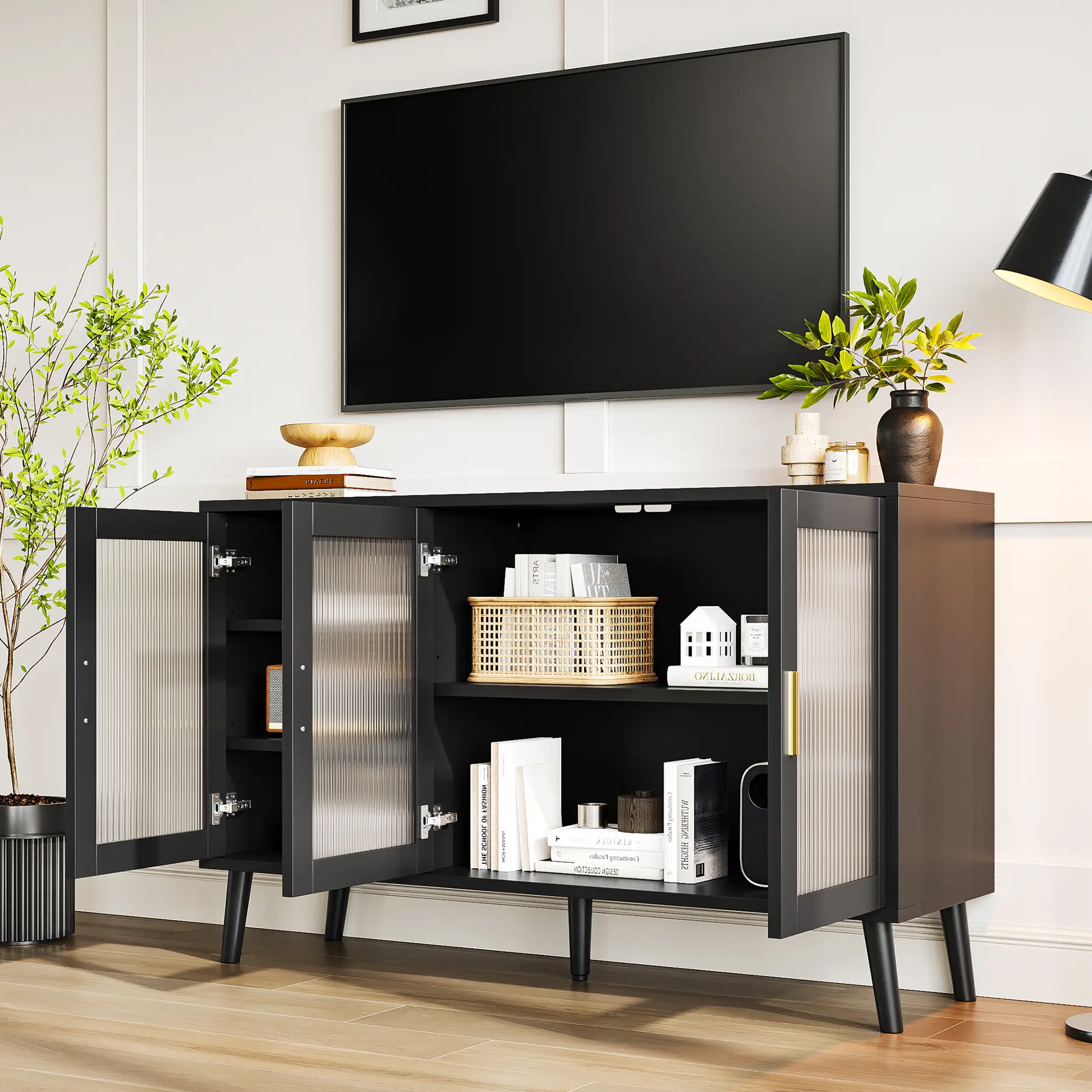 Fluted Glass Door Sideboard Buffet Cabinet - Kitchen Dining Room Credenza with Removable Shelves, Decorative Storage for Living Room