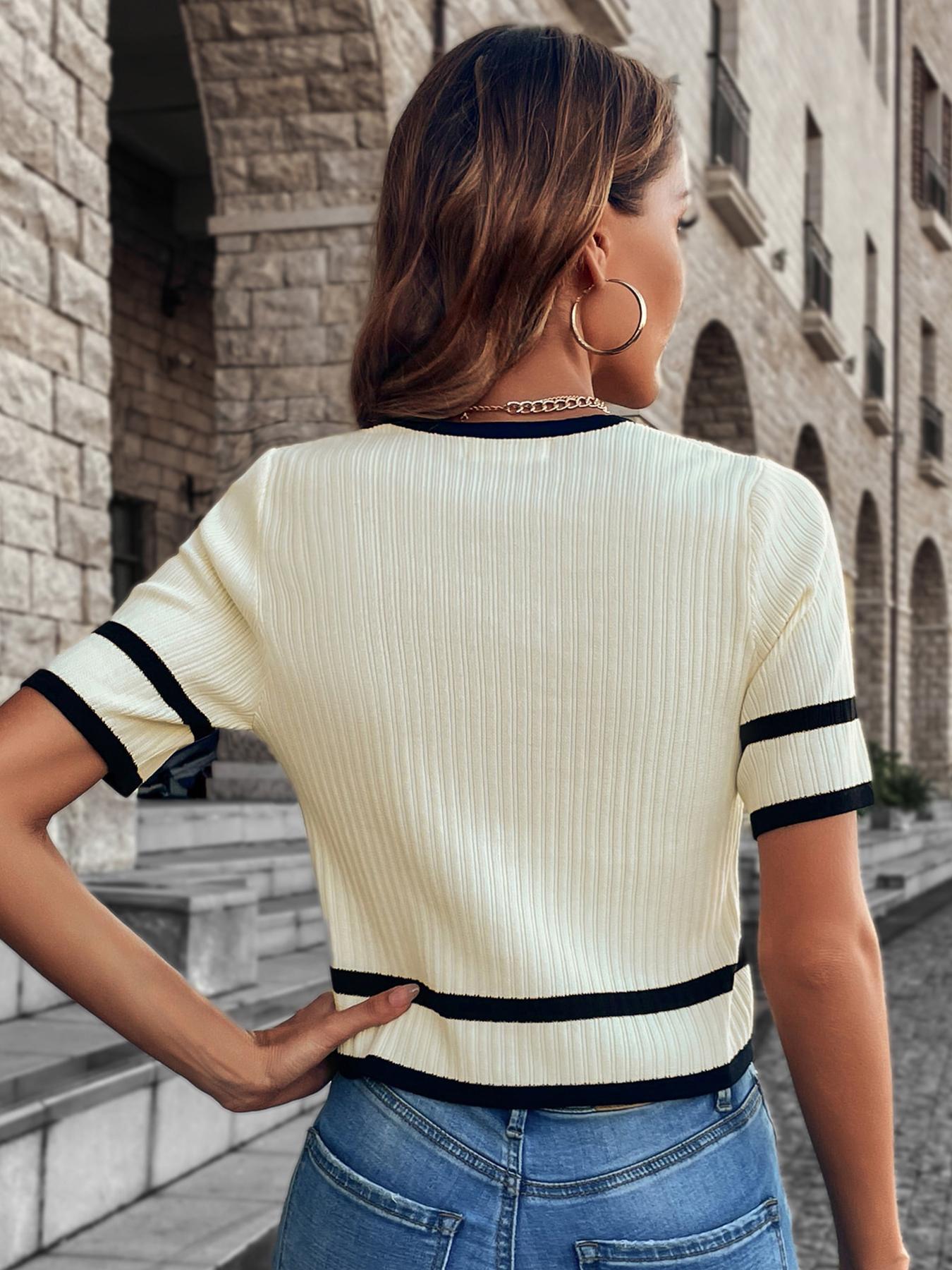 Women's Knit Casual Commuter Top, Lightweight Knitwear, Spring Summer Colorblock Square Neck Short Sleeve Button Fitted Regular Fit T-Shirt, Random Pattern, Knitwear Womenswear