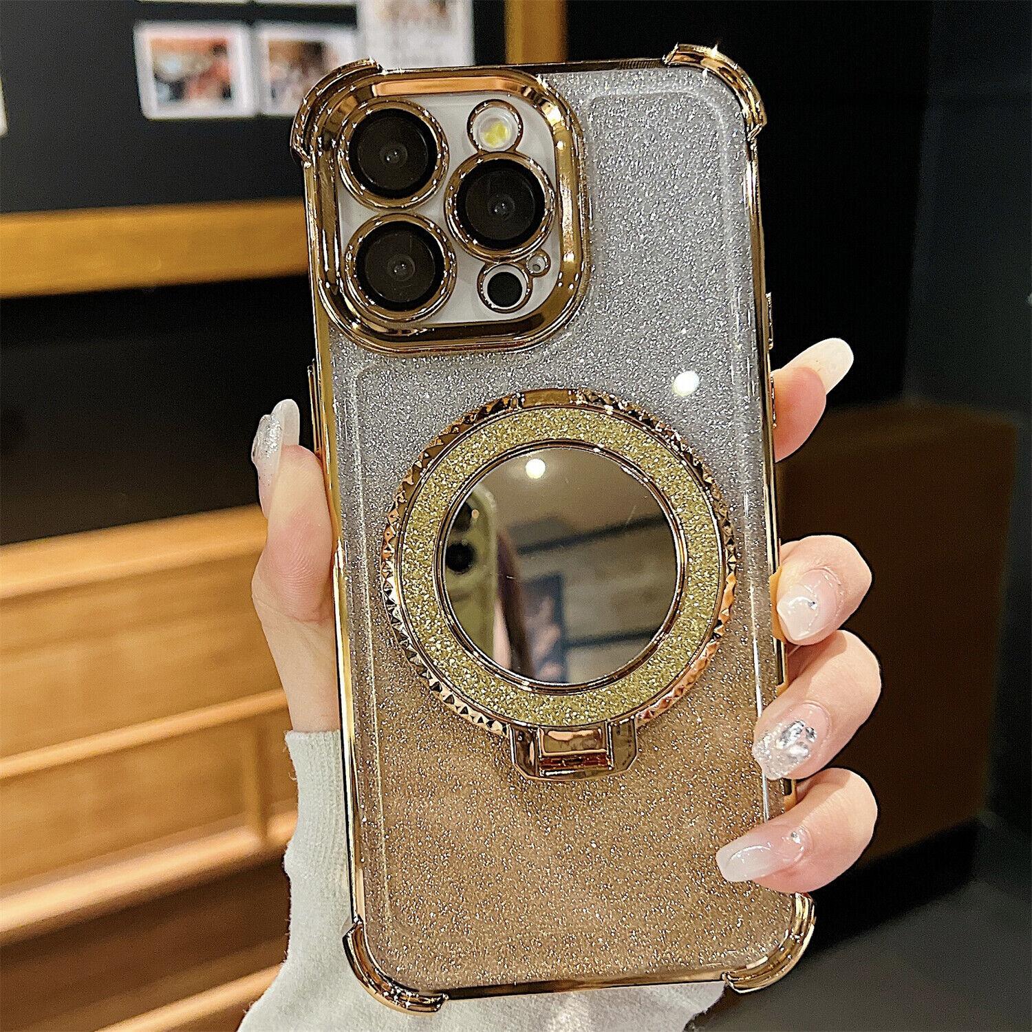 OREKROY Mirror Bling Case Ring Kickstand MagSafe Cover For iPhone 16 Pro Max 15 14 13 12,Anti-fall Shockproof Bling-bling twinkle Phone Cover,Phone Accessories