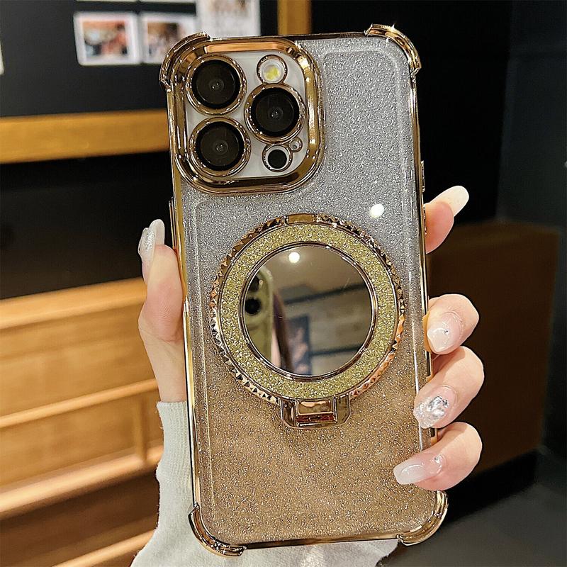 OREKROY Mirror Bling Case Ring Kickstand MagSafe Cover For iPhone 16 Pro Max 15 14 13 12,Anti-fall Shockproof Bling-bling twinkle Phone Cover,Phone Accessories